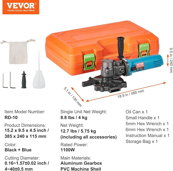 VEVOR Electric Rebar Cutter, 1100W Portable, Cuts up to 3/2 inch (4-40mm) Rebar, High Power Steel Concrete Cutter with Auxiliary Handle & Tool Case, RD-10