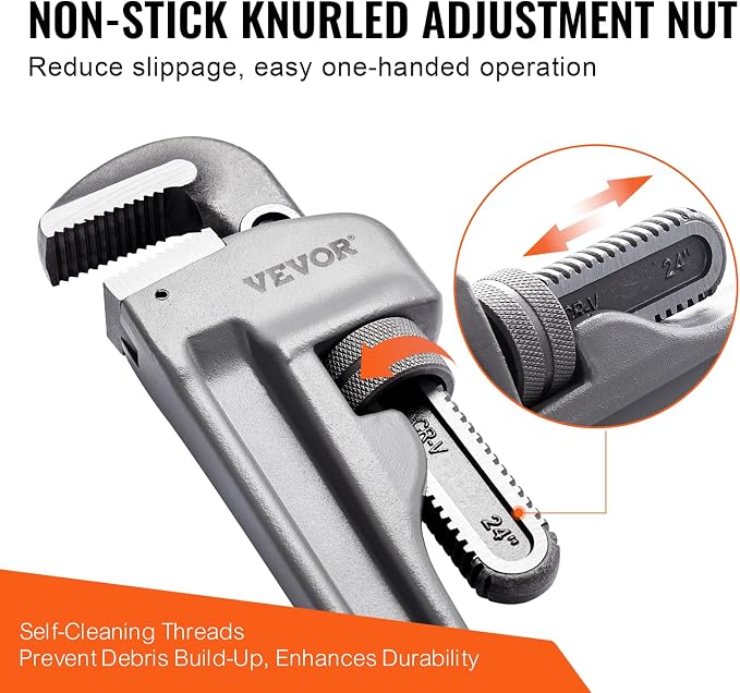 VEVOR Pipe Wrench, 24" Aluminum Straight Pipe Wrench, Adjustable Plumbing Wrench, with High Strength Jaw and Ergonomic Handle, Easy to Carry, Hangable Design, for Water Pipes, Automotive Repairs