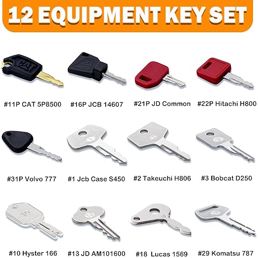 12 Heavy Equipment Keys Master Set, Construction Ignition Keys for CAT Caterpillar 5P8500 JCB 14607 Takeuchi H806 Hitachi John Deere Hyster 166 Komatsu 787 Volvo