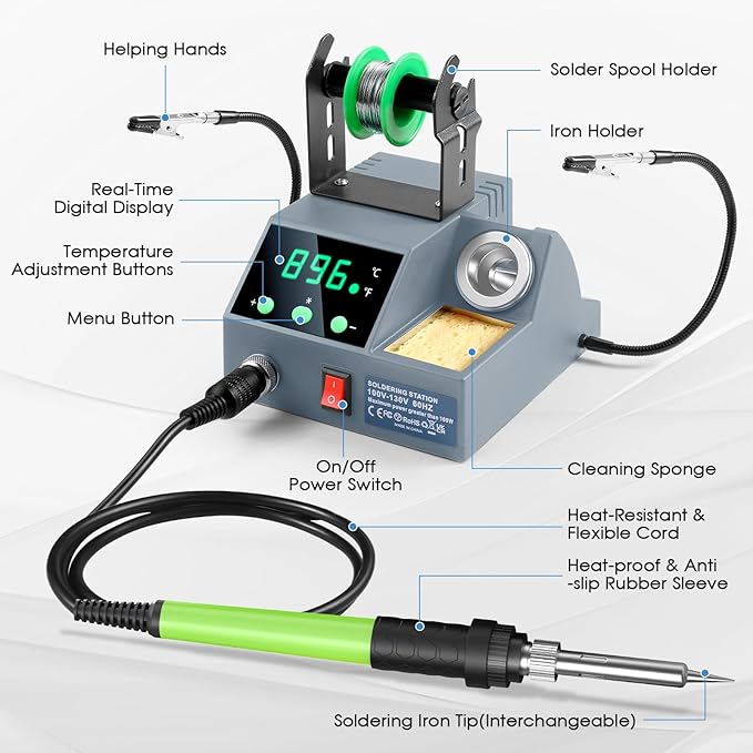 Soldering Station, 100W Digital Display Soldering Iron Station Kit with 2 Helping Hands, 356°F - 896°F, Auto Sleep, °C/°F Conversion, Solder Wire, Tips, Stand, Pump, Tweezers, Tip Cleaner, Gray
