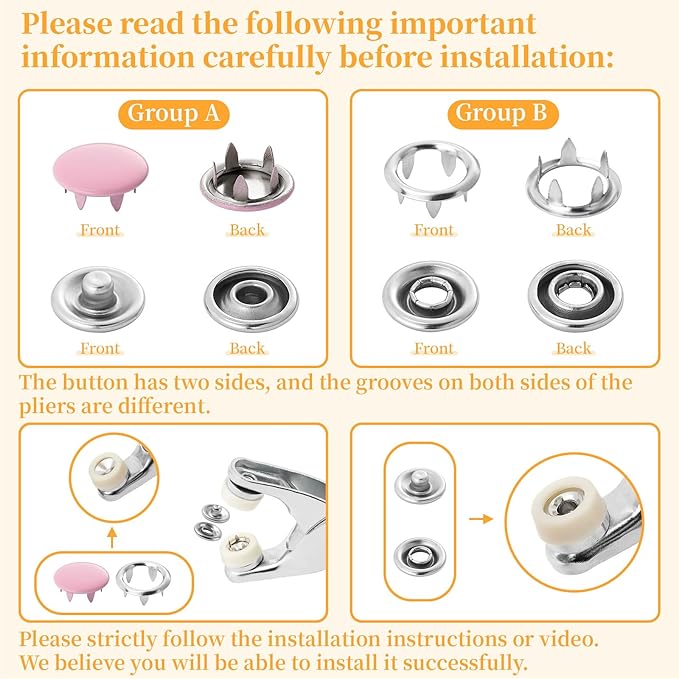 DEVPSISR 100 Sets Metal Snaps Buttons with Fastener Pliers Press Tool Kit Perfect for DIY Crafts Clothing Sewing, 9.5mm Snap Button Fasteners Kit（Silver Solid）
