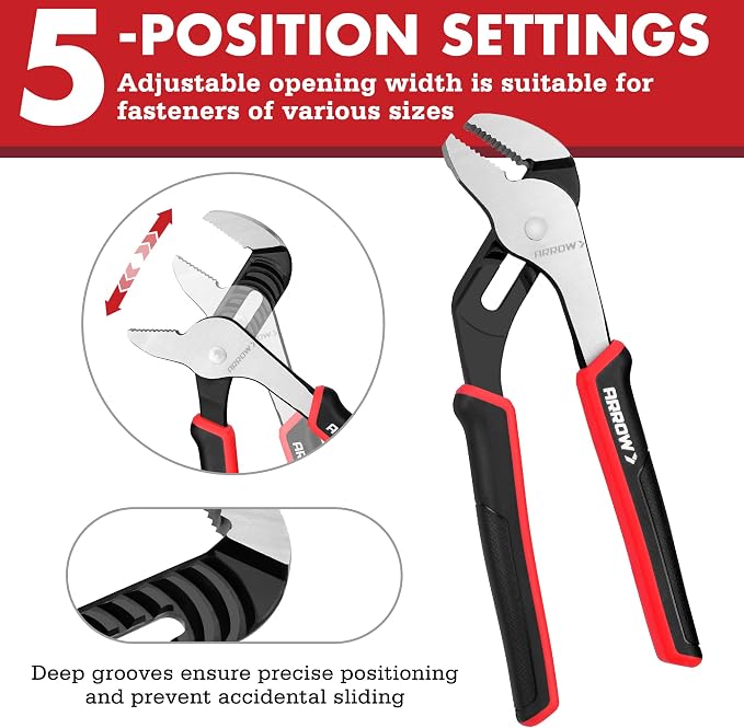 ARROW 8-Inch Groove Joint Pliers, Adjustable Water Pump Pliers with TPR Handle, High Carbon Steel Tongue and Groove Plier for Plumbing, Automotive and Household Repairs