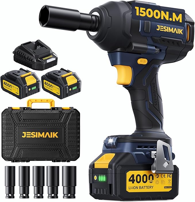 Cordless Impact Wrench, 1106ft-lbs(1500N.m) 1/2" Brushless Impact Gun, 2×4.0Ah Batteries, 4 Impact Modes, 5 Sockets, 21V High Torque Electric Impact Driver for Truck RV Car Heavy Construction