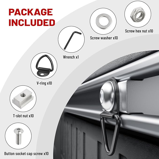 RED WOLF 10 Pack 3/8"-16 Thread T-Slot Nut Tie Down V-Ring Anchor w/1 Inch Button Head Socket Cap Screw Bolt Nut Washer for Toyota Tacoma Tundra Pickup Cargo Bolt Bed Deck Rail Cleat Included Wrench