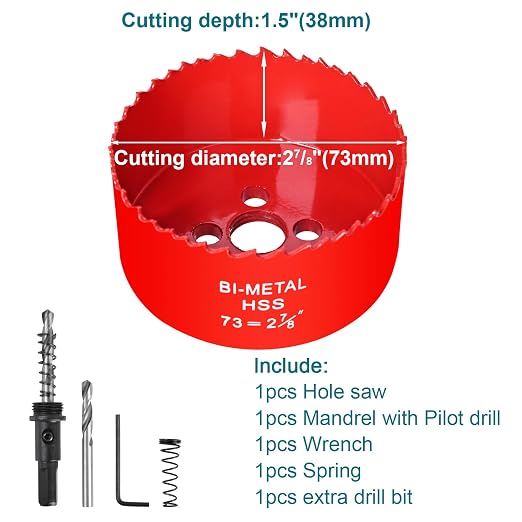 2-7/8 Inch / 73mm Hole Saw for Wood, Plastic Board, Ceiling,Drywall, and Metal Sheet - HSS Bi-Metal Hole Cutter with Pilot Drill Bit