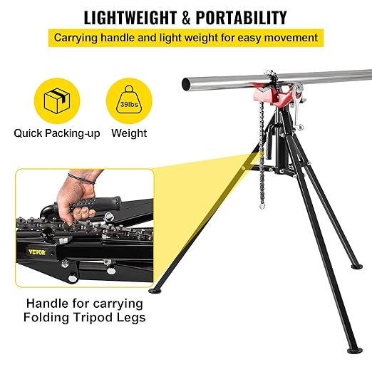 VEVOR Tripod Pipe Chain Vise, 1/8"-5" Pipe Capacity, 36.4“ Length Chain Vise Stand with Portable Folding Steel Legs, for Grabbing, Supporting and Bending Pipes in Factory, Workshop and Home