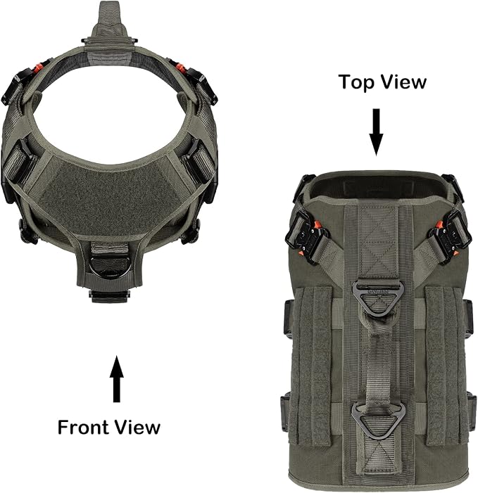 ICEFANG No Pull Tactical Dog Harness for Large Dogs,Adjustable Dog Vest | Control Handle,MOLLE Panel,Front Hook,3 Leash Clips,Soft Padded,for walking training,Green,Large