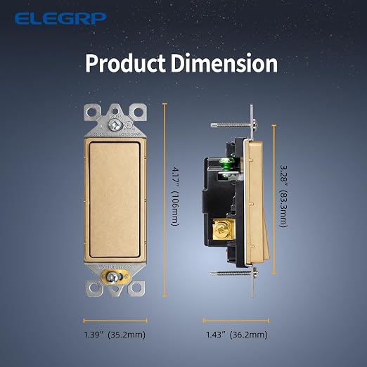 ELEGRP Matte Champagne Gold 3 Way Decorator Light Switch, 15A 120-277V, Paddle Rocker Switch Replacement, On/Off Wall Switch, Self-Grounding, Residential Grade, UL/CUL, 5 Pack