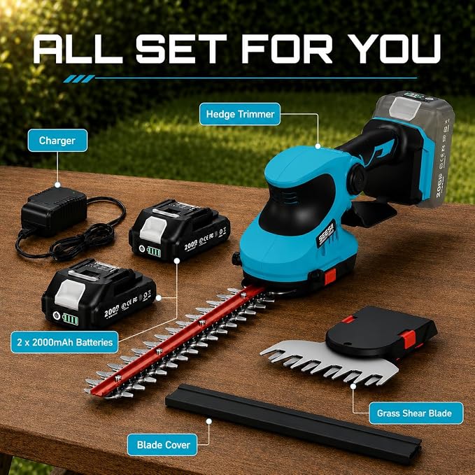 Seesii 20V Cordless 2-in-1 Hedge Trimmer: 12" Shrub Trimmer & 6" Grass Shears, Dual-Action SK5 Blades, 2 x 2.0Ah Batteries, Rotating Handle, 1/2" Cut Capacity for Small Yards, Bushes and Lawn Edges