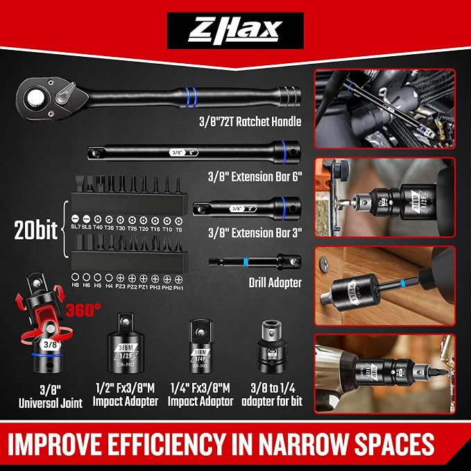 ZHAX 3/8 Inch Drive 12 Point Impact Socket Set, 74 PCS Standard SAE(5/16"- 3/4") & Metric(8-22mm) With Color Ring, Deep & Shallow, 72T Wrench Ratchet Tool Kit,Cr-V With Heavy Duty Storage Case