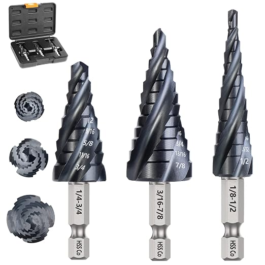 Matework M35 Cobalt Step Drill Bit Set, Four Spiral Flute Unibit Step Drill Bits (1/8"-7/8") Wear-Resistant TiAlN Coated, 1/4" Hex Shank for Metal, Carbon Steel, Stainless Steel, Wood, Plastic (3Pcs)
