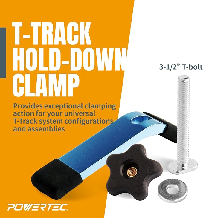 POWERTEC 72007 50 Inch Circular Saw Guide for Circular Saw, Router & Jig Saw, Straight Edge Clamp with 2 Pack 5-1/2" L x 1-1/8" W T-Track Hold Down Clamp for Woodworking