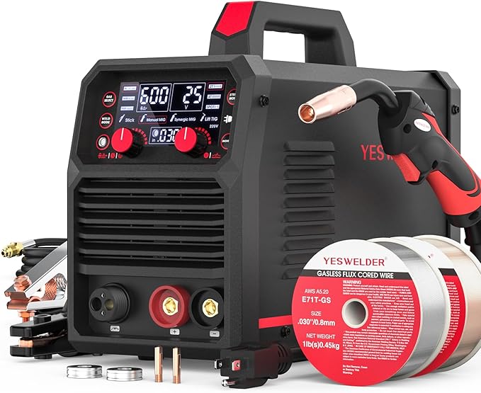 YESWELDER 140A MIG Welder, 110V/220V Dual Voltage, 4 in 1 Gas MIG/Flux Core MIG/Lift TIG/Stick Multiprocess Large LED Digital Display MIG Welding Machine