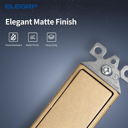 ELEGRP Matte Champagne Gold 3 Way Decorator Light Switch, 15A 120-277V, Paddle Rocker Switch Replacement, On/Off Wall Switch, Self-Grounding, Residential Grade, UL/CUL, 5 Pack
