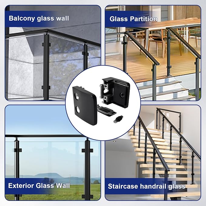 4-Pack Square Glass Clamps, 304 SS, Black, 1/3-1/2 Inch (LIUCHONGYANG99)