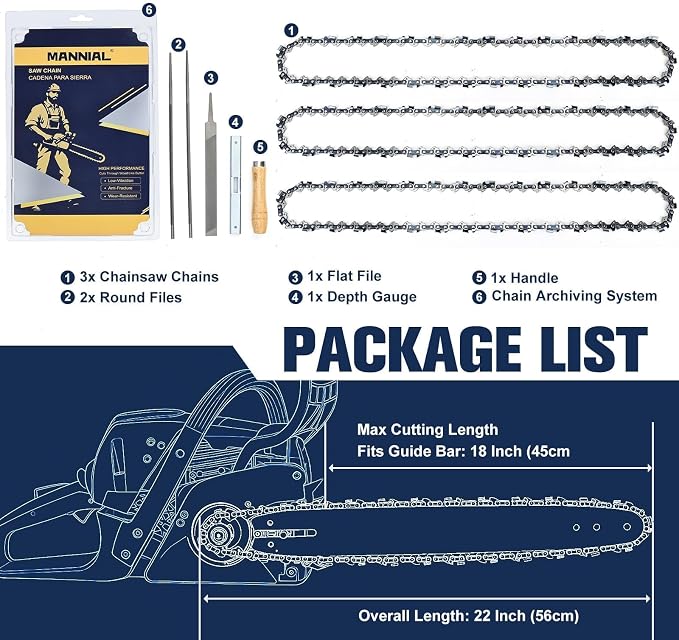 3 Pack 18 Inch Chainsaw Chain 3/8"LP .050" 62DL with Sharpening Kit- S62