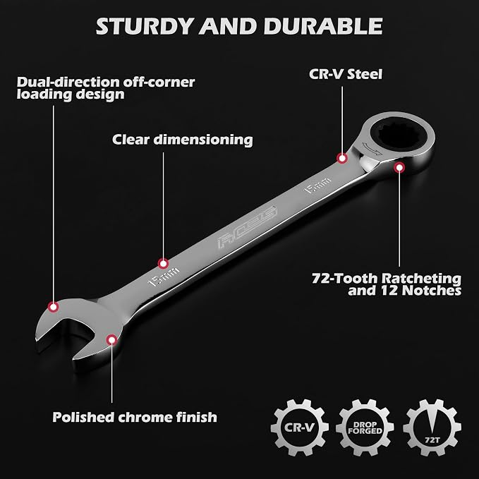 Premium 24-Piece Ratcheting Wrench Set, SAE & Metric Combination Wrenches, 8-19mm / 1/4"-7/8", 72-Tooth Ratchet Spanners, Chrome Vanadium Steel with Roll-Up Pouch for Mechanics