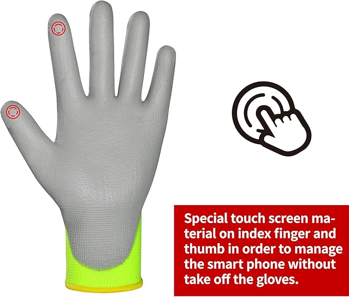 DULFINE Safety Work Gloves PU Coated for Men and Women-12 Pairs,Hi-Vis Yellow Seamless Knit Glove with Two Fingers Touchscreen,Ideal for General Duty Work (Small)