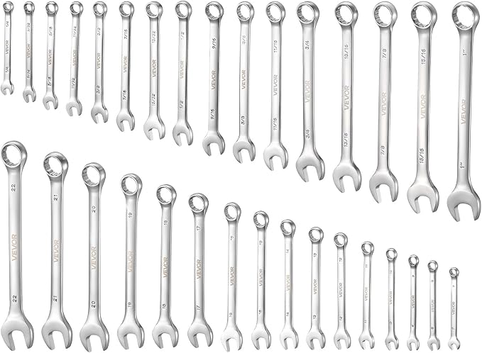 VEVOR Combination Wrench Set, 32-Piece SAE and Metric, 12-Point Box End and 15° Angled Open End Combination Wrenches with Roll Up Pouch, Carbon Steel, for General Household and Automotive Repairs