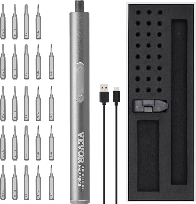 VEVOR Mini Electric Screwdriver, 27 in 1 Electric Precision Screwdriver Set – Small Cordless Power Screwdriver with 360°LED Light & 24 Magnetic Bits,Repair Tool for Phone Laptop Camera Watch Computer