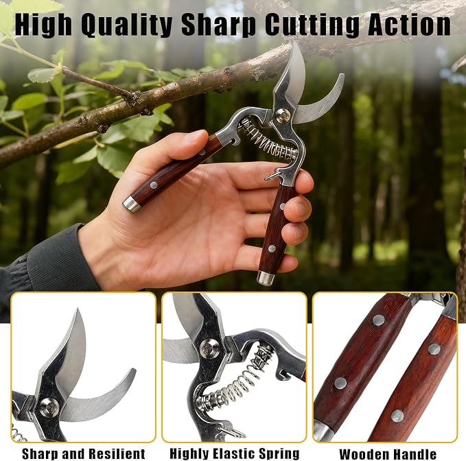 Garvee 2 Pack Garden Pruning Shears for Gardening, Wood Steel Handle Bypass Pruning Shears for Gardening, Curved Straight Garden Shears, Gardening Tools for Plants Flowers Light Branches