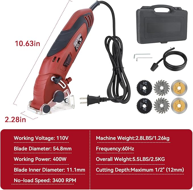 Corded Mini Circular Saw, 400W 110V 3400RPM Multifunction Handheld with 6 Blades Max Cutting Depth ½ Inch, Compact Small Circular Saw for Wood Drywall Tile PVC Pipe Soft Metal