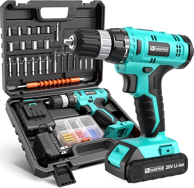 FADAKWALT Cordless Drill Set, 20V Electric Power Drill With Battery And Charger, 30N Torque, 21+1 Settings, 3/8-Inch Keyless Chuck, Driver Bits Kit, LED Light (Turquoise）