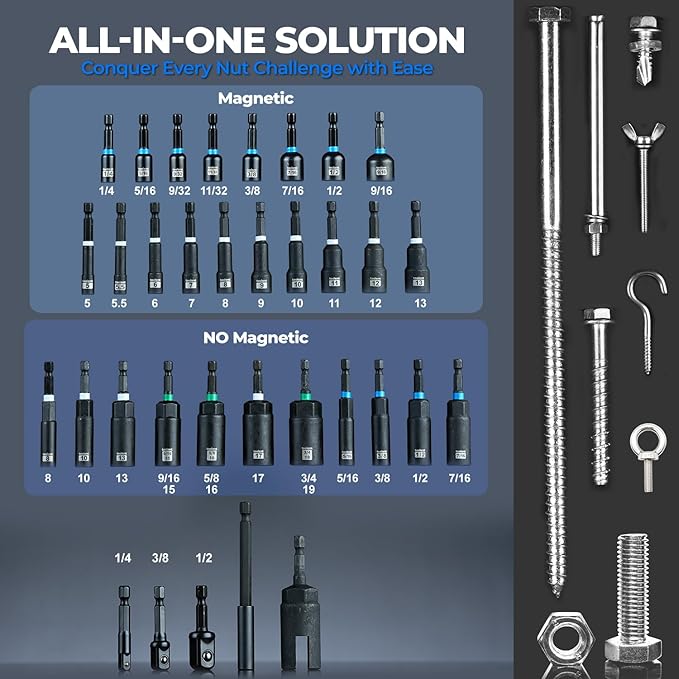 toolant 34 Piece Magnetic Nut Driver Set, Impact Driver Bit Set, Deep Nut Driver, Impact Socket Adapters, Wing Nut Driver, Tough Gift Case