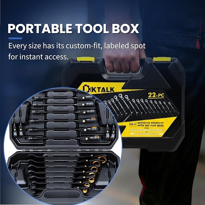 22-Piece Ratcheting Wrench Set with 180° Flex Head & Anti-Slip Design, Metric (6-18mm) and SAE (1/4-3/4") Combination Wrench Set, Professional Grade Chrome Vanadium Steel with Organizer Box