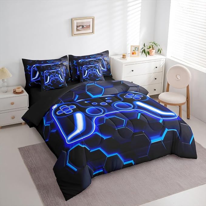 Erosebridal Gaming King Size Comforter Set with Sheets, Neon Honeycomb Gamer 7 Piece Bedding Set Retro Game Console Bed in a Bag, Blue Hexagon Lights Room Decor,Gamer Room Decor for Boys