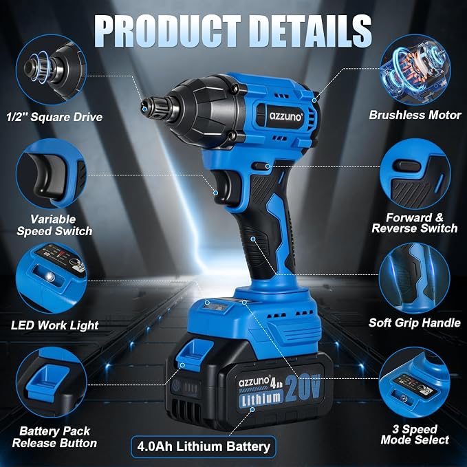 Impact Wrench, 1/2" Impact Gun,Power Impact Driver Torque 500N.m (369 Ft-lbs),20V Cordless Impact Wrench with 4.0Ah Battery,Charger, 25Pcs Bits & Sockets, Electric Impact Wrench for Home/Car