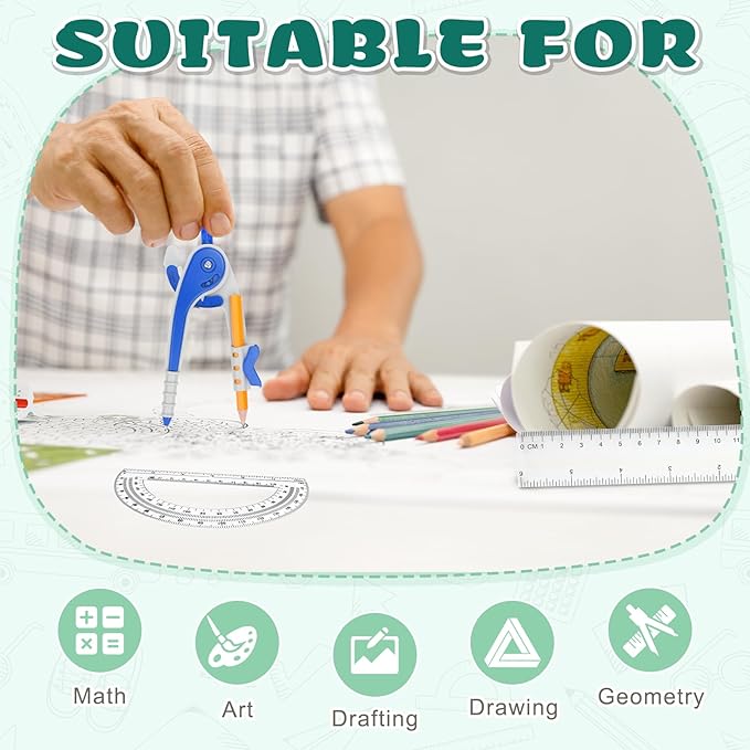 36 Pack Math Compass & Protractor Geometry Math Plastic Ruler Set Drawing Compass with Pencils 6 Inch Plastic Protractor for Geometry Bulk for Office Woodworking Art Drawing