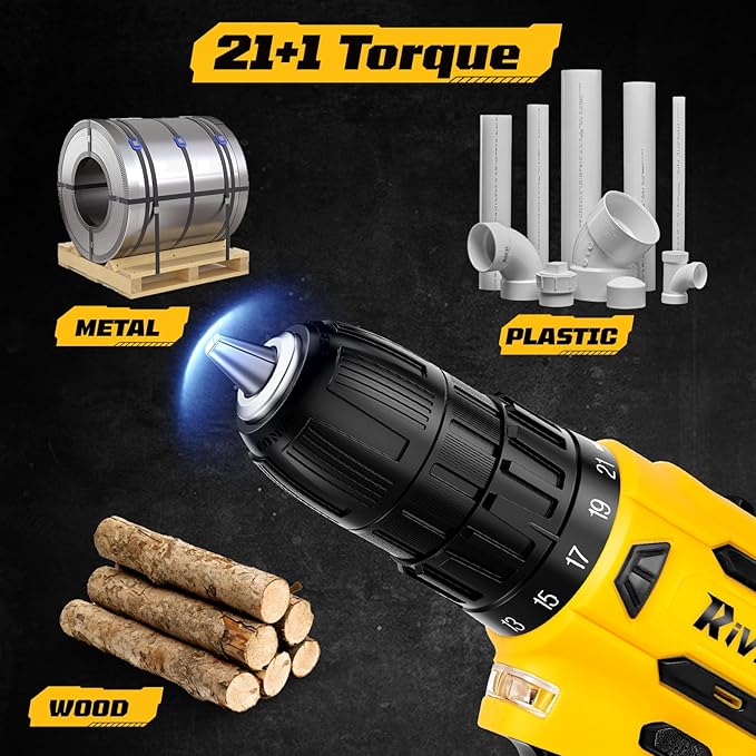 20V Cordless Drill Set,Electric Power Drill Cordless,Power Drill Drivers,Electric Screwdriver - 2.0Ah Batteries, 30Nm，21+1 Torque,2 Speed, Built-in LED,Kit for Home, Yellow
