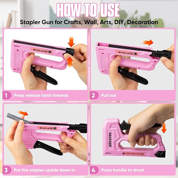Light Duty Staple Gun for Wood, Pink Upholstery Staple Gun Kit with 2000pcs JT21 Staples 1/4, 5/16, 3/8 inch and Staple Remover, Stapler Gun for Crafts, DIY, Classroom, Mothers Day Gift