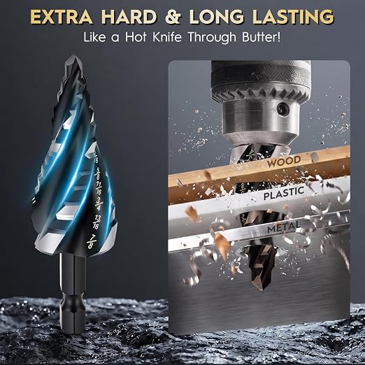 3PCS Titanium Step Drill Bit - Four Spiral Flute HSS Step Bit, Sizes from 1/8" to 7/8" with 1/4" Hex Shank, Steps Bits for Metal, Aluminum, Wood & Plastic, for Electricians & DIY
