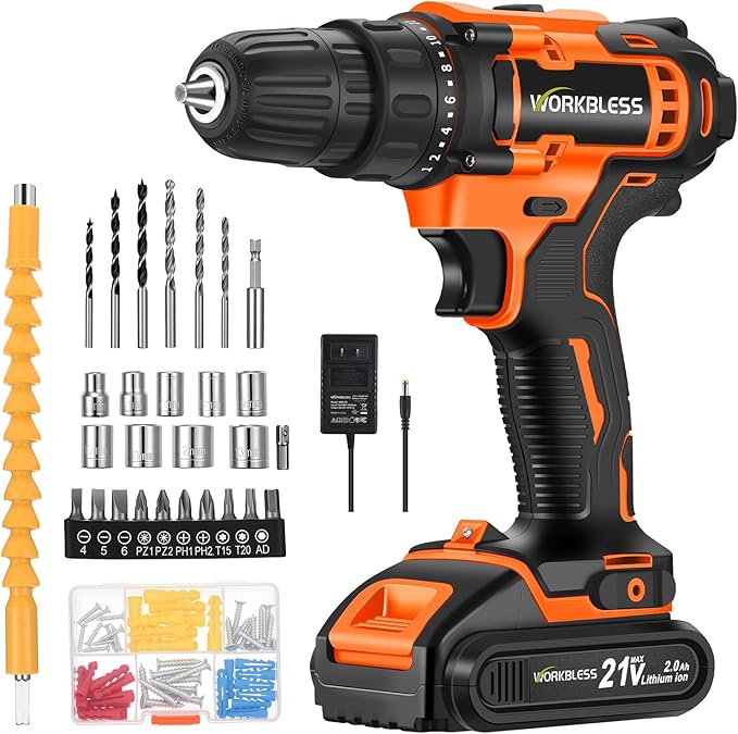 WORKBLESS 21V Power Drill Set, Cordless Drill with Battery and Charger, 3/8'' Keyless Chuck, Variable Speed, 18+1 Torque Setting and 28pcs Bits Tool Set(Orange, 1 Battery)