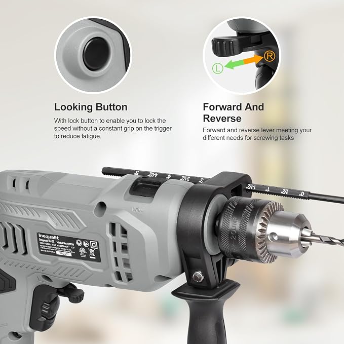 4.5Amp Corded Hammer Drill 3000RPM with 5pcs Bits, 1/2 Inch Keyed Metal Chuck Impact Drill, 360° Rotating Handle and 12 Variable Speed for 2 Functions in 1