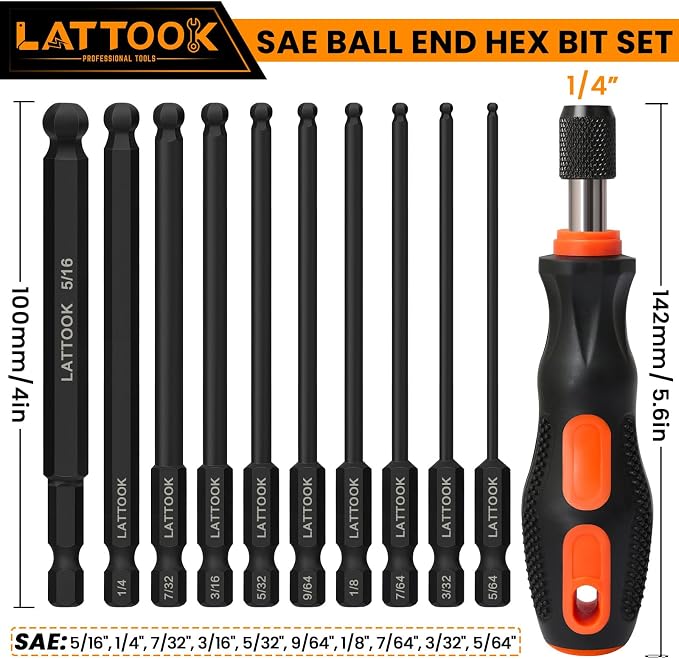 Ball End Hex Bit Set with Quick Release Bit Driver | LATTOOK 10PCS SAE Ball End Hex Head Allen Wrench Drill Bit Set, Allen Key Drill Bit Set, Magnetic S2 Steel, 4'' Long