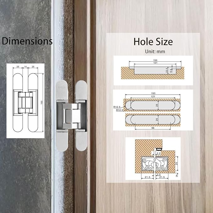 4-Pack 6 inch Hidden Door Hinges Heavy Duty Silver, Invisible Concealed Hinges Zinc Alloy 6''x 2.5''x1Inch, 180 Degree Swing Hinge, 3 Way Adjustable Hinge with Pins and Screws