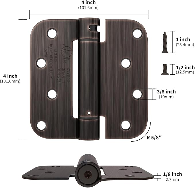 goldenwarm 6 Pack 4 Inch Oil Rubbed Bronze Self Closing Door Hinges with 5/8'' Radius Corners - Adjustable Tension Soft Close Hinges for Interior/Exterior Doors, Durable & Quiet Closure