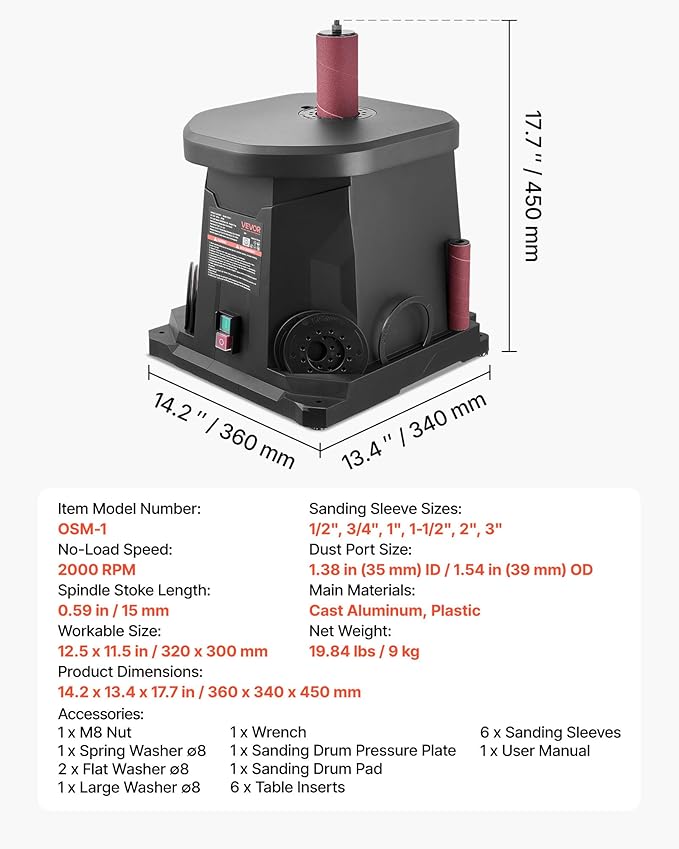 VEVOR Oscillating Spindle Sander, 2000RPM Benchtop Spindle Sander with 6 Sleeves (1/2"-3"), 0.59" Stroke & Dust Connection Port for Furniture Finishing, Crafts Sanding, DIY Woodworking