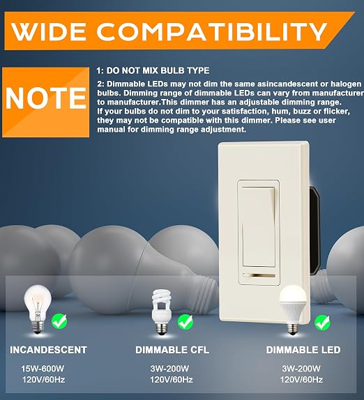 CLOUDY BAY in Wall Dimmer Switch for LED Light/CFL/Incandescent,3-Way Single Pole Dimmable Slide,600W max Incandescent,150W max Dimmable LED/CFL, Cover Plate Included,Almond,2 Pack