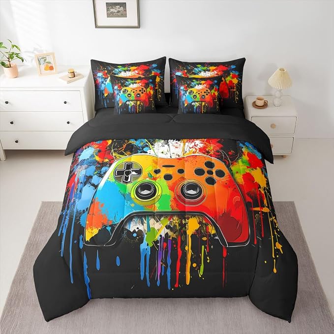 Erosebridal Gamer Twin Comforter Set with Sheets | Graffiti Tie Dye Game Consoles 7 Piece Bedding Set Gaming Bed in a Bag, Watercolor Abstract Art Room Decor
