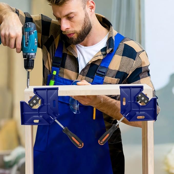 Right Angle Clamp, Housolution [4 PACK] Single Handle 90° Aluminum Alloy Corner Clamp, Right Angle Clip Clamp Tool Woodworking Photo Frame Vise Holder with Adjustable Swing Jaw - Blue