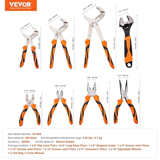 VEVOR 8-Piece Pliers Set with Tool Roll, High Carbon Steel-12"/10"/8" Groove Joint -8"Linesman's -6" Slip Joint Pliers-8" Long Nose Pliers-6" Diagonal Cutter-10" Adjustable Wrench