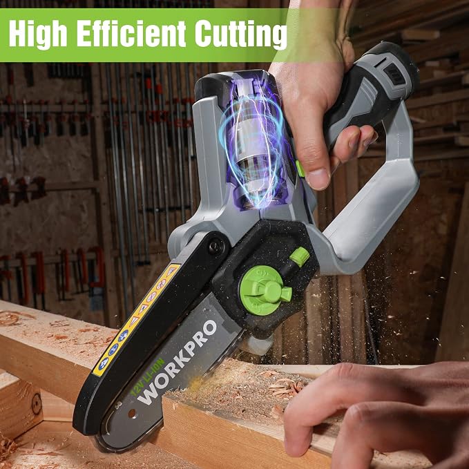 WORKPRO Mini Chainsaw, 6.3" Cordless Electric Compact Chain Saw with 2 Batteries, One-Hand Operated Portable Wood Saw with Replacement Guide Bar and Chain for Garden Tree Branch Pruning, Wood Cutting