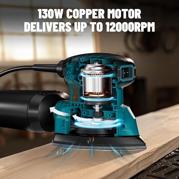 DOVAMAN 130W Detail Sander, 12000RPM Palm Sander Tool, Dust Collection System, 12PCS Sandpaper, Compact Hand Tool for Wood Steel Surfaces