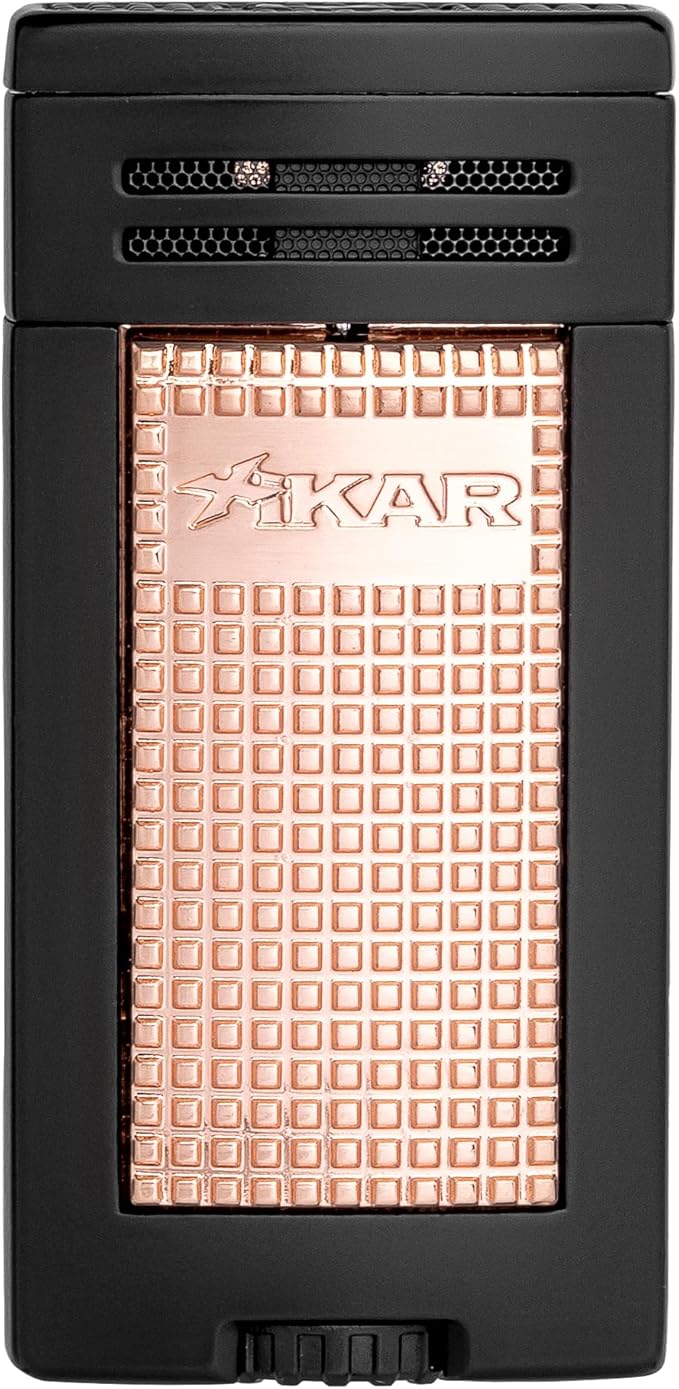 XIKAR® Ion Double-Jet Flame Cigar Lighter. with Textured Trigger Button and a Safety Mechanism. (Black/Rose Gold)