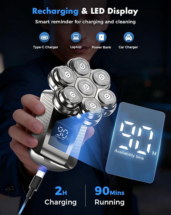 Electric Head Shavers for Bald Men, 7D Detachable Head Shaver, 5-in-1 Grooming Kit, Type-C Fast Charge, Waterproof Wet/Dry, Electric Razor, LED Display, Ideal Gift for Men-Matte Gunmetal