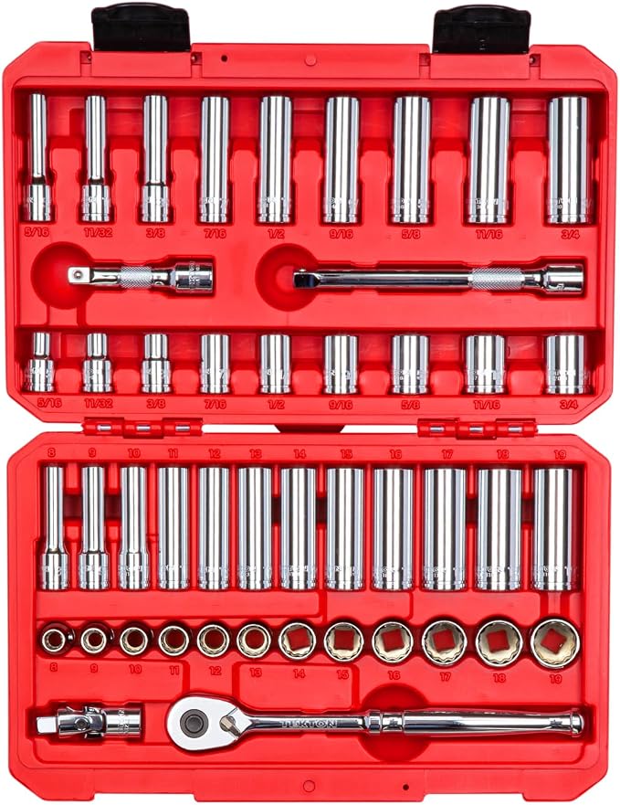 TEKTON 3/8 Inch Drive 12-Point Socket and Ratchet Set, 46-Piece | SKT15302 | (5/16 - 3/4 in., 8 - 19 mm), Shallow and Deep, Case
